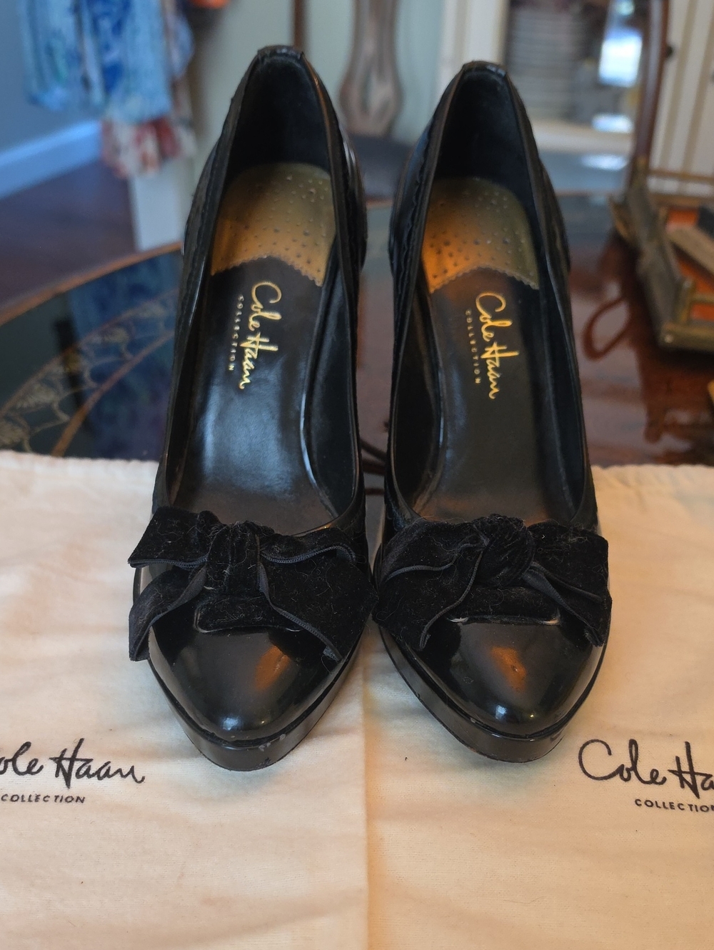 Cole Haan Black Patent Pointed-Toe Pumps with Velvet Bow